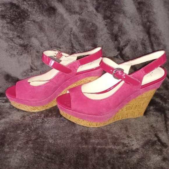 Cherry Red Suede Franco Sarto Cork Wedge Heels - Picture 2 of 7